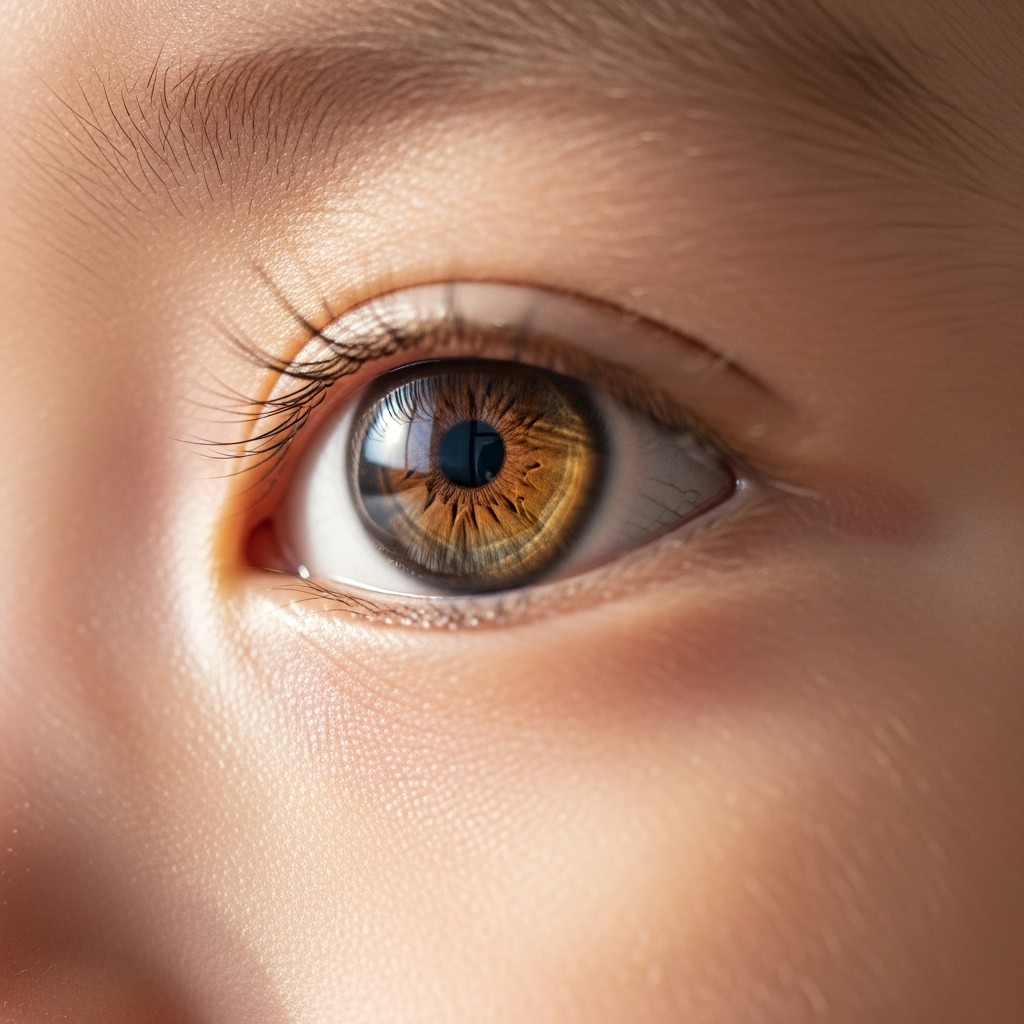 Tender photograph of baby's eye close-up showing the iris in natural light. Soft focus on detailed iris structure, warm and gentle atmosphere, lifestyle photography. Korean baby, natural indoor lighting, realistic skin tones, no text.