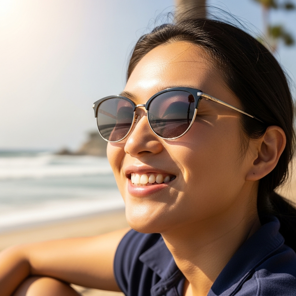 Lifestyle photography of person wearing sunglasses outdoors in bright sunlight. Focus on eye protection concept, natural lighting, urban or beach background. Korean adult, fashionable sunglasses, realistic details, positive mood, no text.