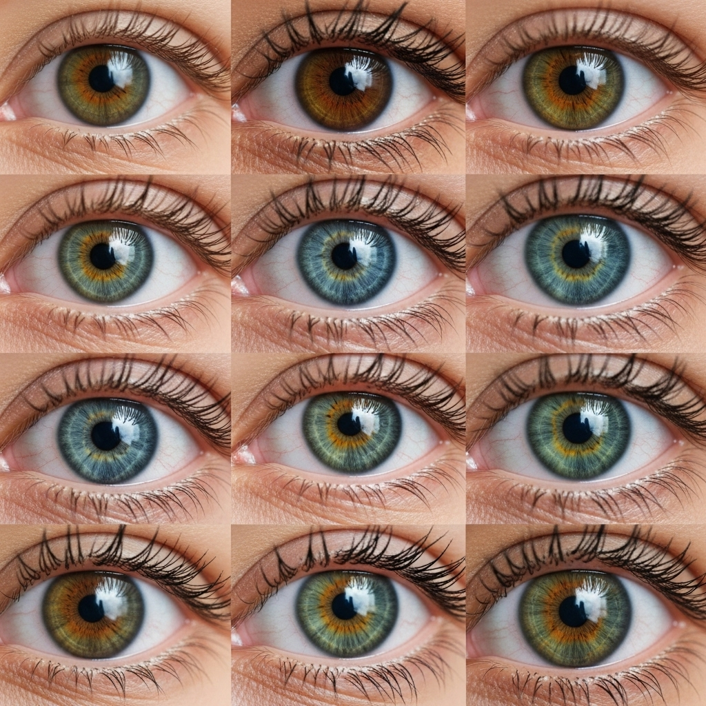 Artistic collage of close-up eye photographs showing beautiful diversity of eye colors. Macro photography with stunning iris details, various colors including brown, blue, green, hazel. Natural lighting, high quality, celebratory mood of human diversity, no text.