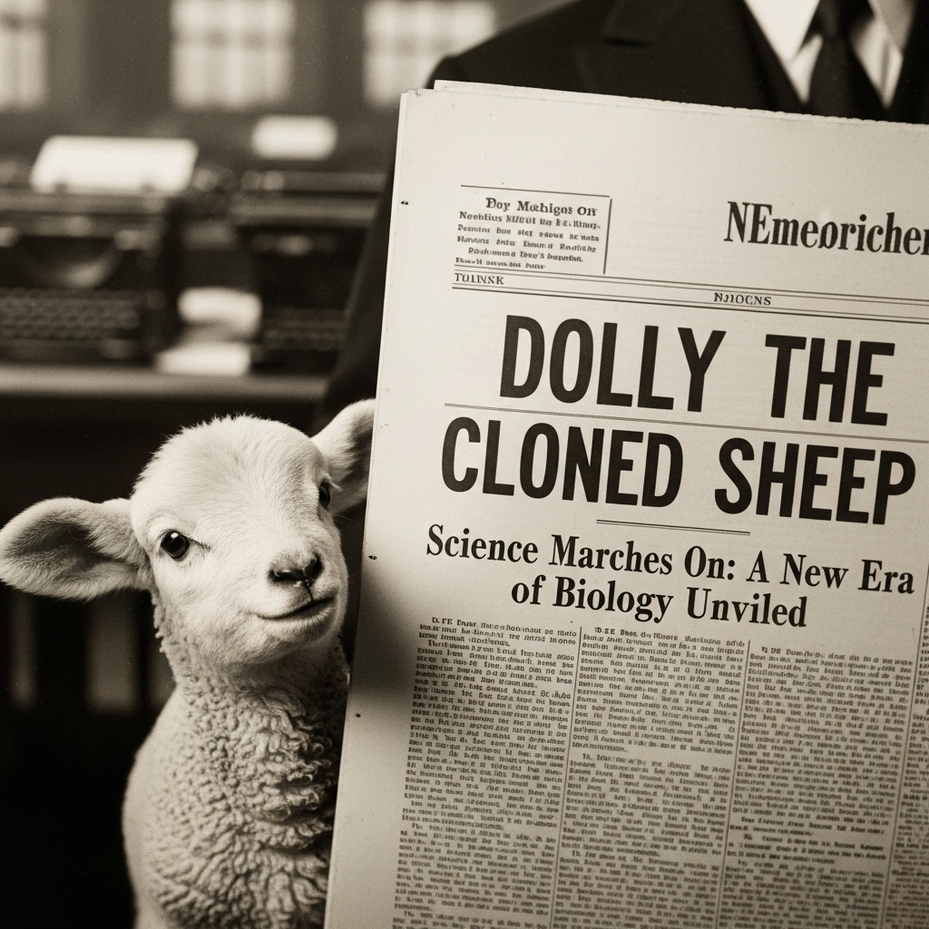 A historical photograph-style illustration showing a news headline about Dolly the cloned sheep, with a small, innocent lamb looking curiously. Emphasize the groundbreaking scientific announcement and a touch of public wonder. No text.