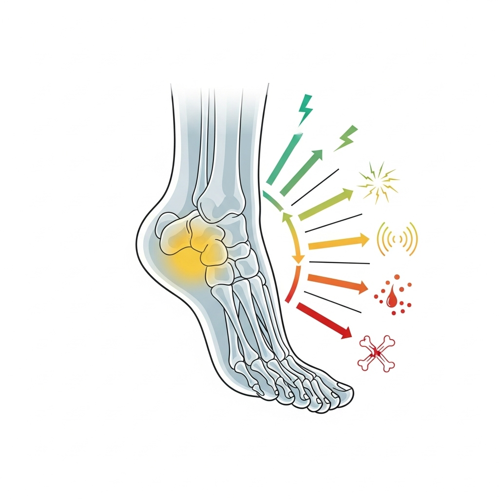 Clean infographic showing a human foot with highlighted heel area, surrounded by warning signs or different pain types, illustrating the severity of heel pain and when to seek medical attention. Style: clean infographic. No text.