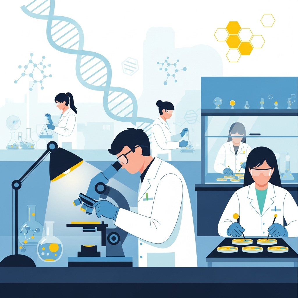 A clean infographic-style illustration of a laboratory setting, showing scientists working with microscopes and petri dishes, symbolizing advanced genetic research and cloning technology. Focus on precision and innovation. No text.