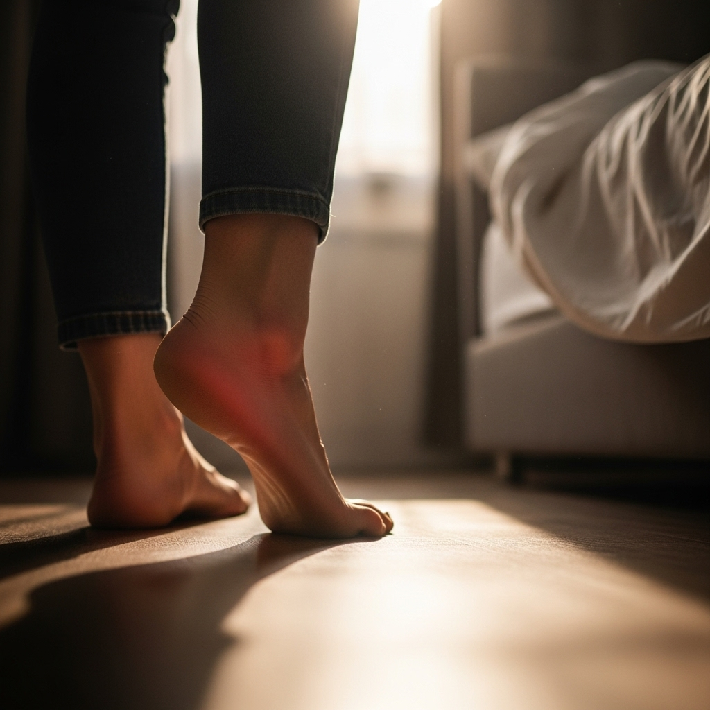 A realistic lifestyle photography of a person's foot touching the ground for the first step in the morning, showing a subtle expression of pain or discomfort in the heel area. The setting is a bedroom, early morning light. Style: lifestyle photography. No text.
