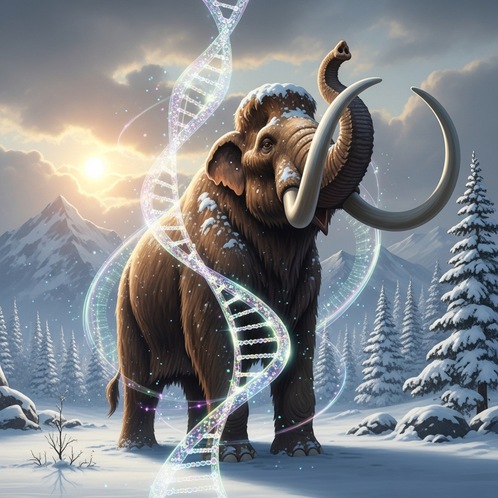 A majestic illustration of a woolly mammoth in a snowy landscape, with subtle futuristic elements overlaying it, symbolizing the concept of de-extinction through advanced cloning technology. Emphasize hope and scientific ambition. No text.