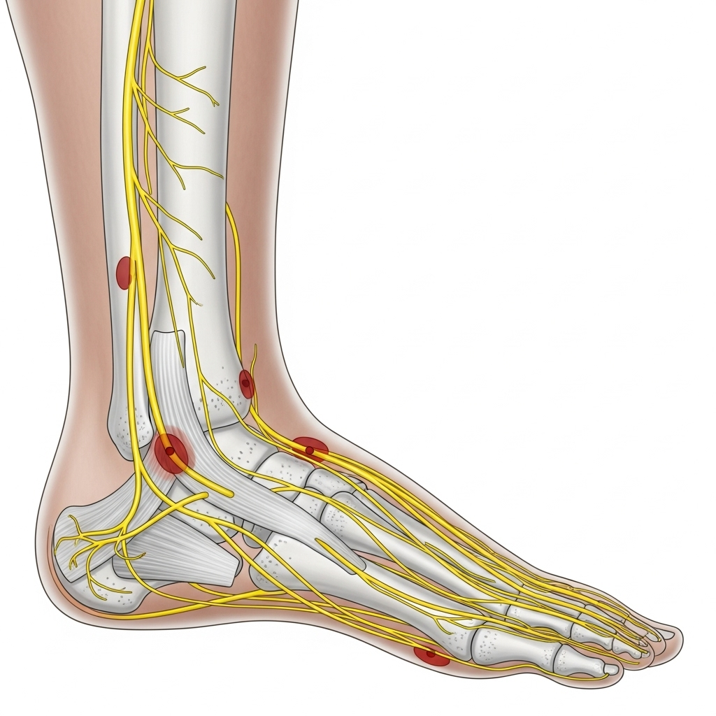 A detailed anatomical illustration of the human foot, specifically highlighting the nerves around the heel and ankle area. Show a clear depiction of nerve pathways and potential compression points. Style: clean medical illustration. No text.
