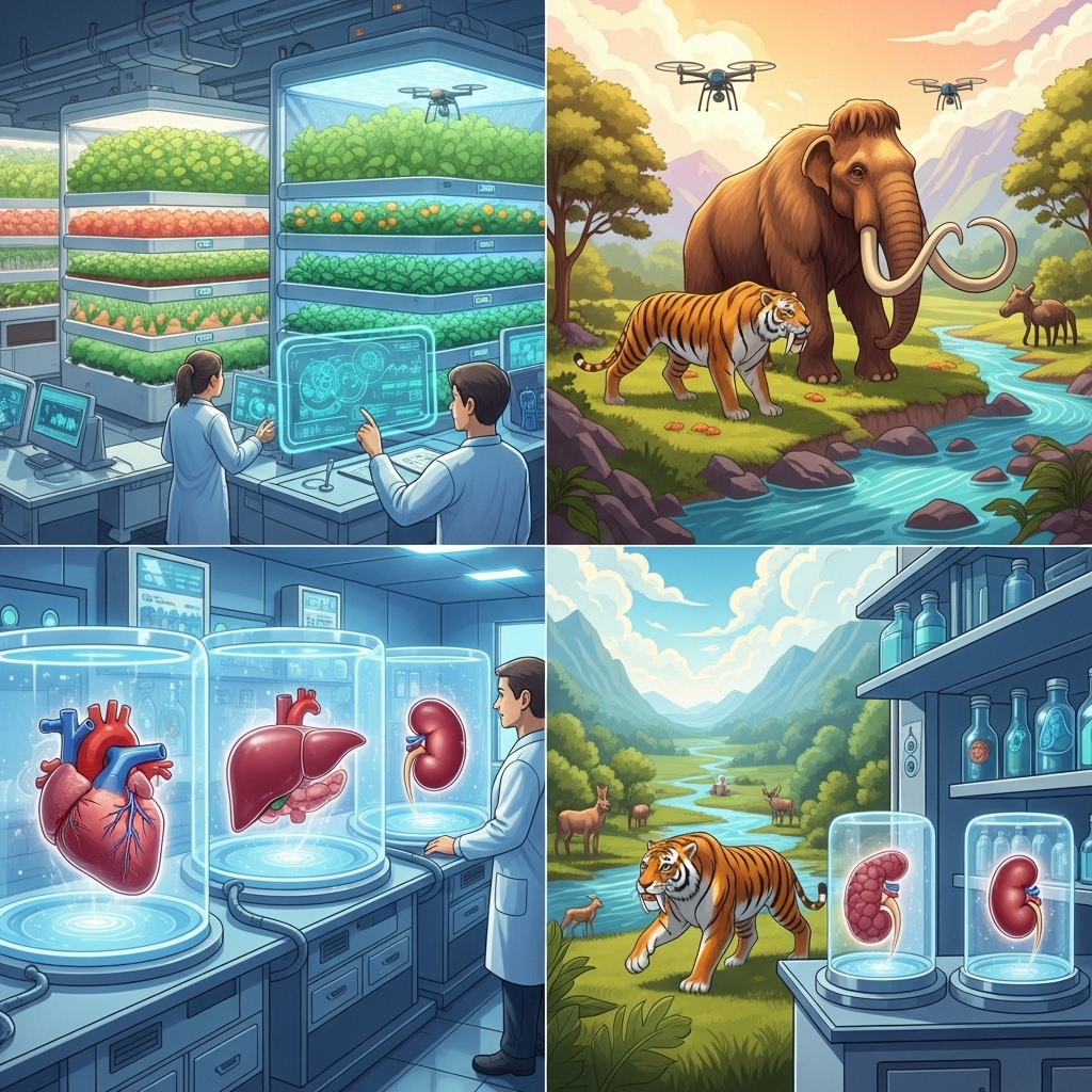 A hopeful, futuristic illustration depicting various applications of advanced cloning technology, such as healthy human organs in a sterile lab, restored extinct animals in a natural setting, and innovative agricultural solutions. Emphasize ethical progress and benefits for humanity. No text.