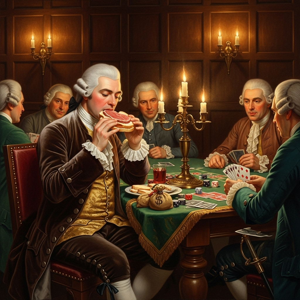 A historical scene of 18th century English nobleman eating meat between two slices of bread at a gaming table, warm candlelight, vintage atmosphere, realistic oil painting style, no text