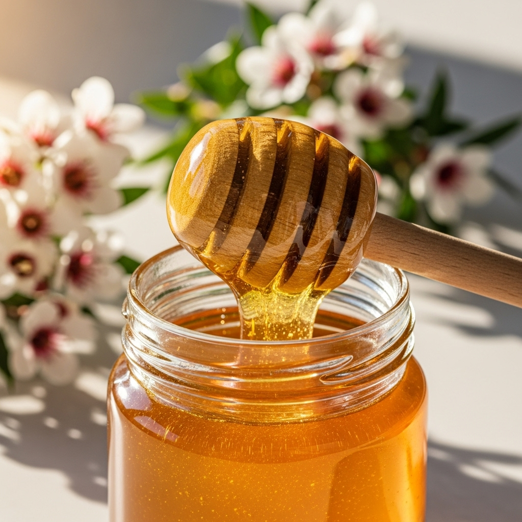 Close-up of golden manuka honey in a glass jar with a wooden dipper, showing the thick, rich texture. Include manuka flowers in soft focus background. Natural morning sunlight streaming through. Clean, minimalist setting. No text.