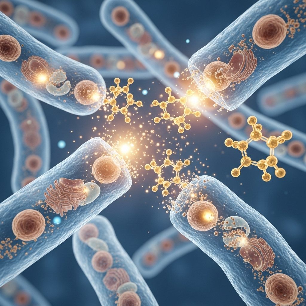 Scientific illustration showing microscopic view of antibacterial compounds attacking harmful bacteria. Use soft blues and golds with glowing effects. Show cellular activity and molecular interaction. Clean, educational style. No text.