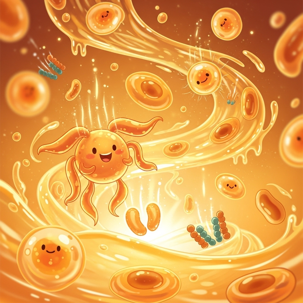 Warm, glowing illustration of immune cells being activated and strengthened. Show golden honey swirling with immune system components. Use warm amber and gold tones with healing energy effects. Lifestyle wellness aesthetic. No text.