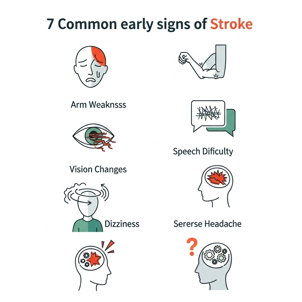 A clean infographic showing 7 common early signs of stroke, such as facial drooping, arm weakness, speech difficulty, vision changes, dizziness, severe headache, and confusion. Use simple icons or illustrations next to each point. Style: clean infographic. No text.