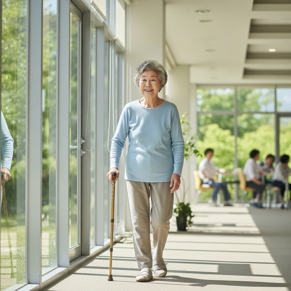 A Korean person, possibly an elderly woman, walking slowly but steadily with a gentle smile, symbolizing recovery and rehabilitation after a medical incident. The setting is bright and hopeful, perhaps a park or a rehabilitation center. Style: lifestyle photography. No text.