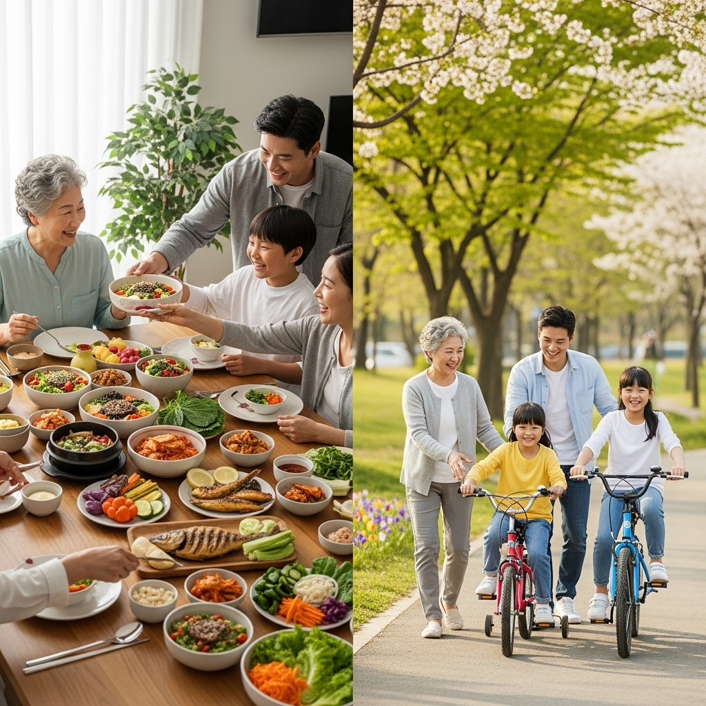 A diverse Korean family, including an elderly person, enjoying a healthy meal with plenty of vegetables and fruits, and then engaging in light outdoor exercise like walking or cycling in a park. Emphasize a holistic approach to health. Style: lifestyle photography. No text.