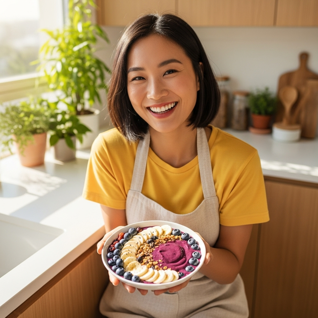 A vibrant lifestyle photography image of a Korean woman in her late 20s or early 30s, smiling brightly while holding a beautiful acai berry smoothie bowl. The bowl is topped with fresh fruits like banana slices and blueberries, and granola. The setting is a bright, airy kitchen or a sunny balcony, emphasizing health and well-being. Natural light, warm colors, no text.