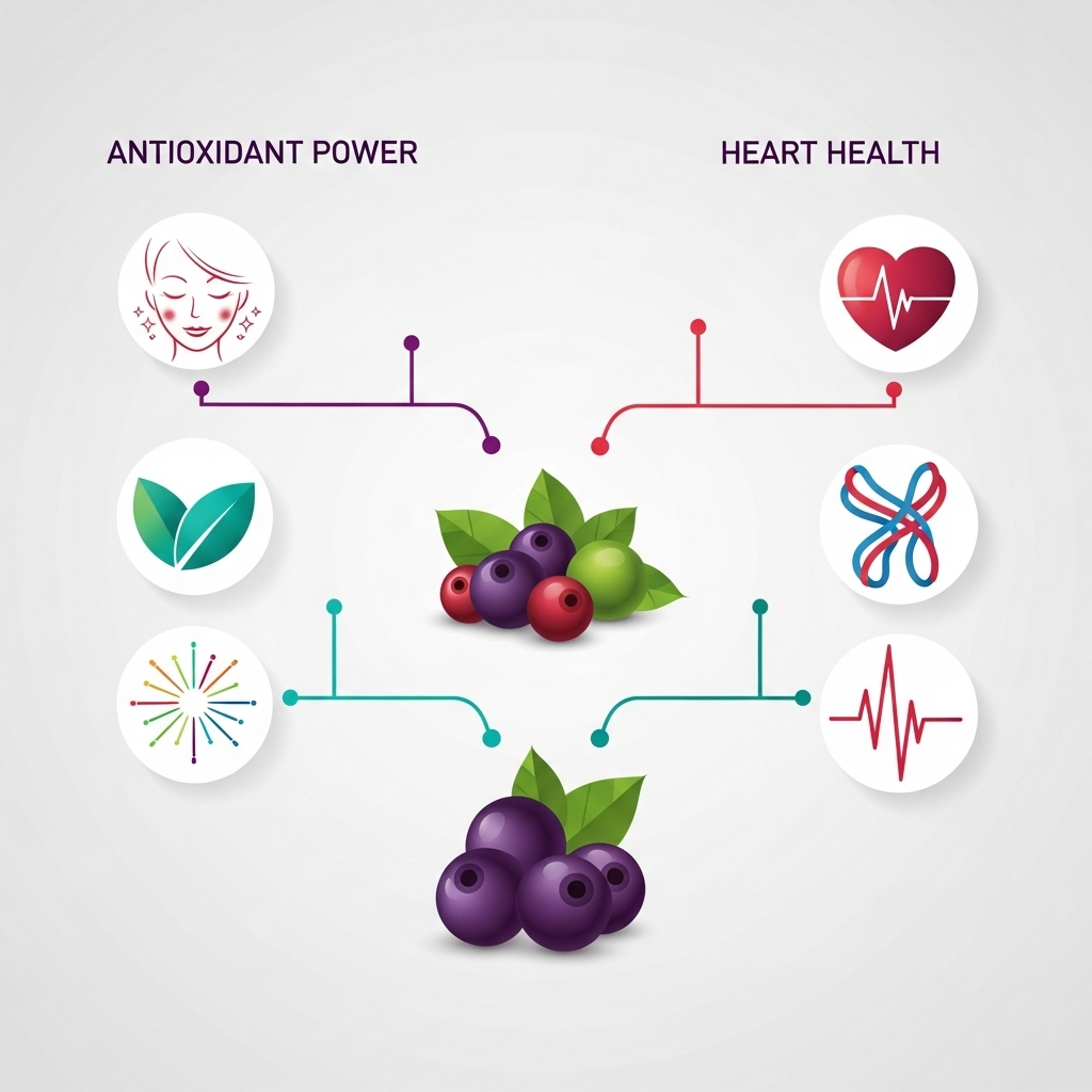 An elegant infographic in a clean style, illustrating the various health benefits of acai berries, specifically focusing on antioxidant power and heart health. Use fresh, vibrant colors. Icons represent anti-aging (e.g., smooth skin), and heart health (e.g., healthy heart symbol, clean blood vessels). No text within the image.