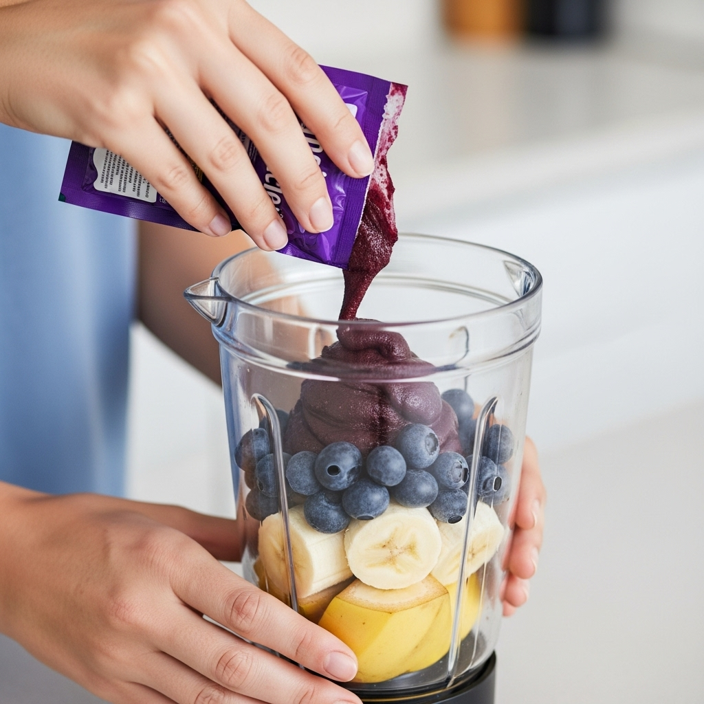 A close-up lifestyle photograph of hands preparing an acai berry smoothie. One hand is pouring a deep purple acai berry puree from a packet into a blender with other fresh fruits like bananas and blueberries. The setting is a clean, modern kitchen counter. Focus on the vibrant colors of the ingredients. No text.