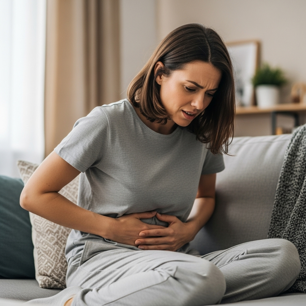 A woman sitting on a couch holding her stomach with discomfort, showing bloating symptoms. Soft natural lighting, realistic home setting, showing facial expression of mild digestive distress. No text.