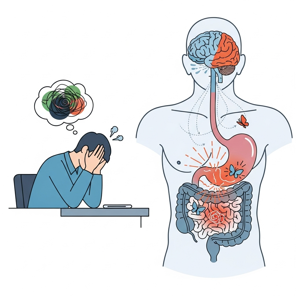 Illustration showing stress affecting digestive system, with a person at desk looking stressed and stomach highlighted with uncomfortable sensations. Clean infographic style with anatomical elements. No text.