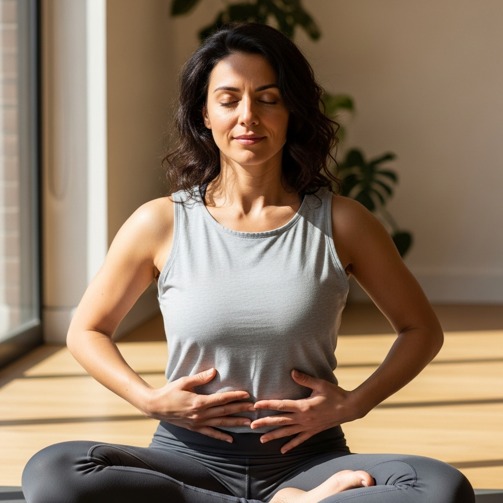 Woman practicing belly breathing with hands on stomach, peaceful expression in calm environment. Natural lighting showing relaxation and proper posture. Lifestyle photography style. No text.