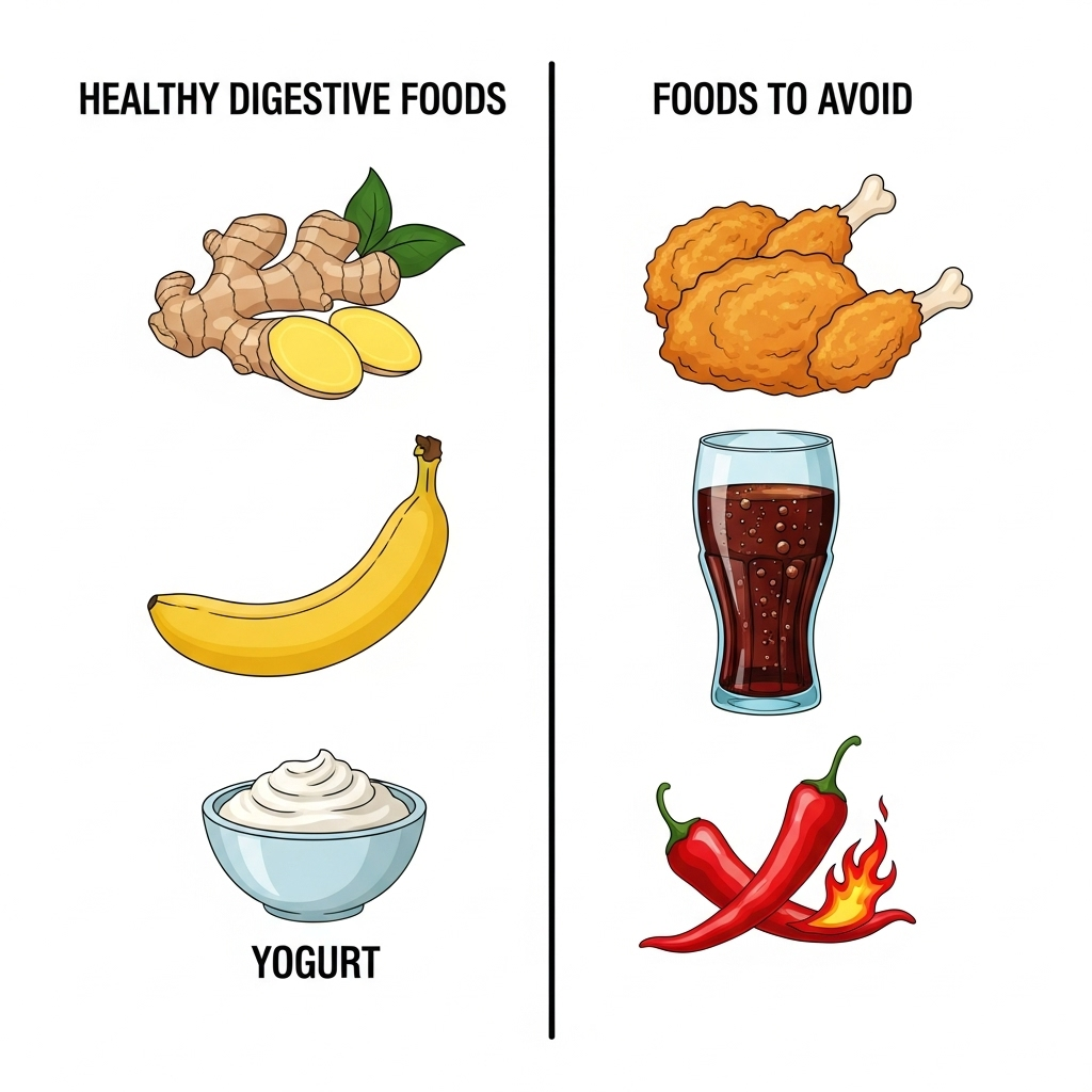 Split-screen infographic showing healthy digestive foods on one side (ginger, banana, yogurt) and foods to avoid on the other (fried food, carbonated drinks, spicy food). Clean, organized layout with clear visual distinction. No text.