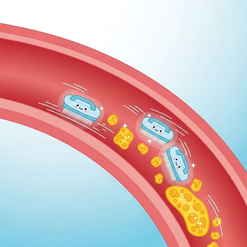 An infographic illustrating the concept of good cholesterol (HDL) cleaning arteries, with friendly, clean design. Healthy blood vessels with tiny scrubbers representing HDL, no text. Korean aesthetic.