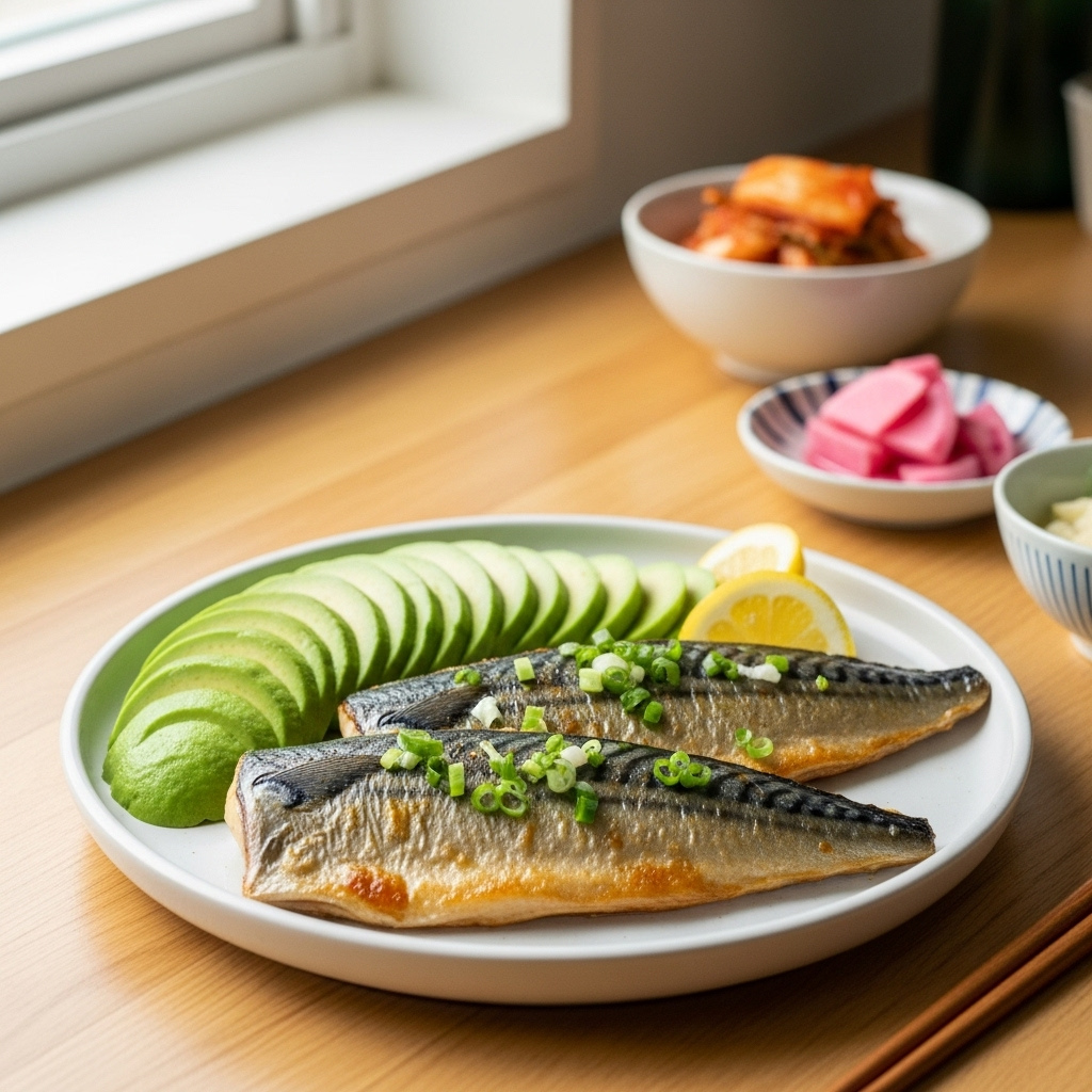 A vibrant lifestyle photo showing fresh mackerel fillets on a plate next to sliced avocado, symbolizing healthy food choices for cholesterol management. Natural kitchen lighting, Korean aesthetic, no text.
