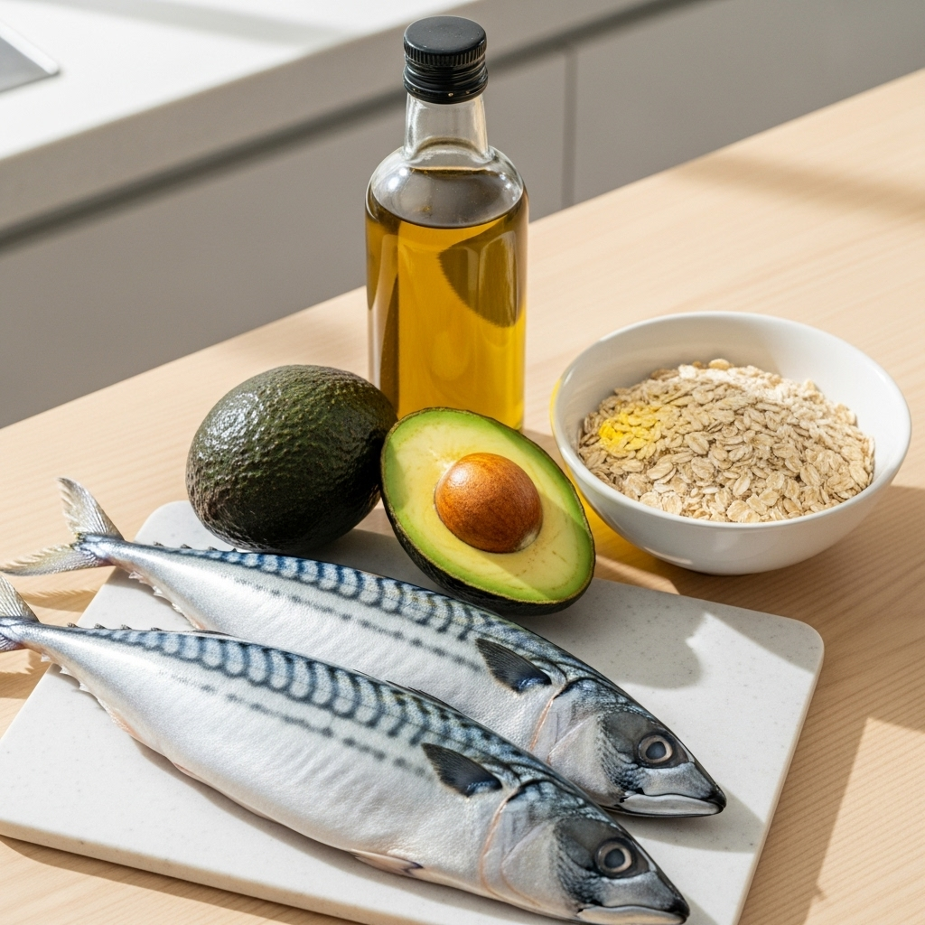 A clean, vibrant top-down shot of a collection of healthy foods known to boost HDL: fresh mackerel fillets, ripe avocados, a bottle of extra virgin olive oil, and a bowl of oats. Natural lighting, Korean kitchen setting, no text.