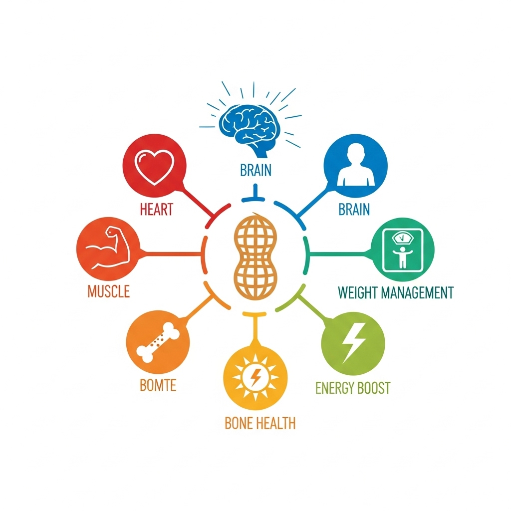 Clean infographic showing various health benefits of peanuts (e.g., heart, brain, weight management). Use simple icons and clear labels, vibrant colors. No text in image. Style: clean infographic.