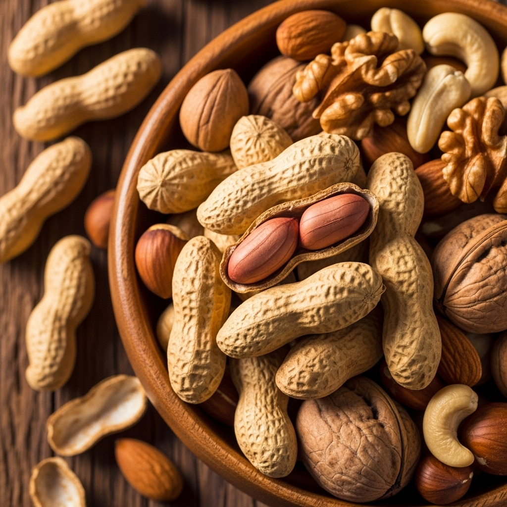 Close-up lifestyle photography of roasted peanuts with their shells, alongside other healthy nuts in a rustic bowl. Emphasize natural textures and warm, inviting lighting. No text.