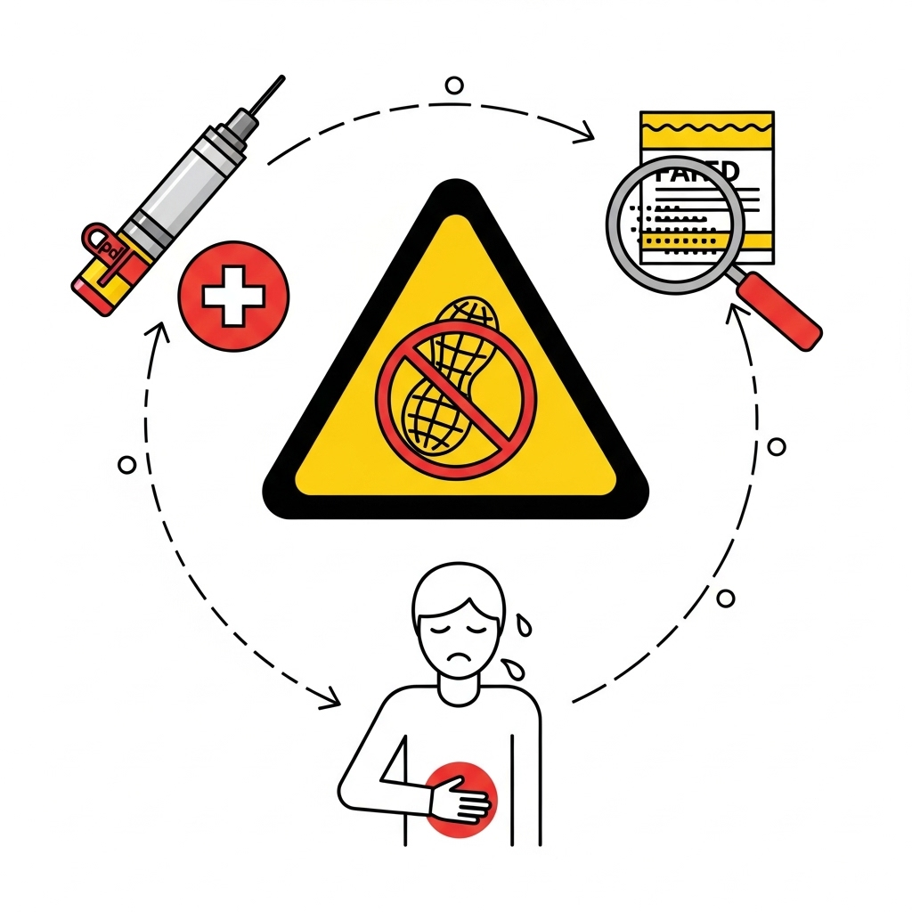 An infographic-style illustration depicting a clear warning sign for peanut allergy, surrounded by elements representing medical attention, ingredient labels, and a person feeling unwell. Focus on safety and awareness with a clean aesthetic. No text.