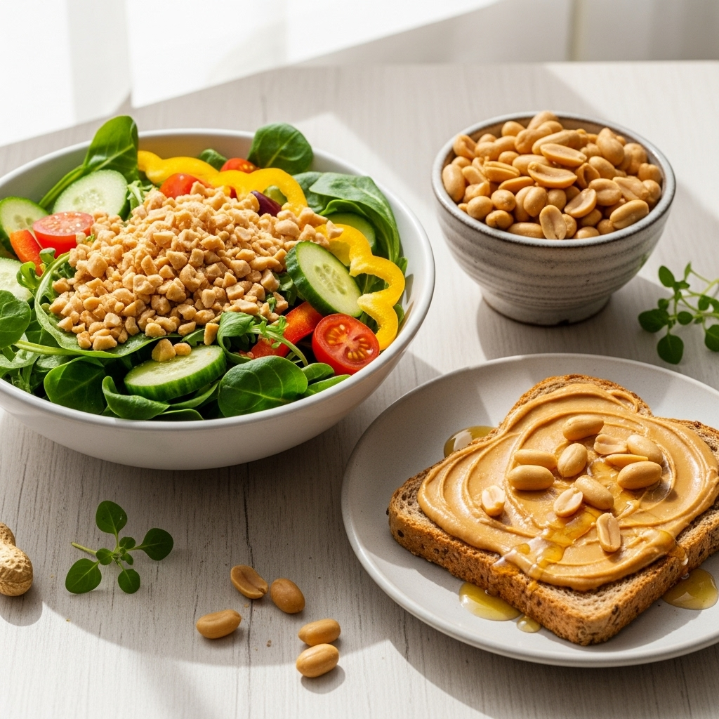 Lifestyle photography of various healthy dishes and snacks incorporating peanuts, such as a fresh salad with chopped peanuts, a small bowl of lightly roasted peanuts, and a simple peanut butter spread on whole grain toast. Bright, natural light and appetizing presentation. No text.