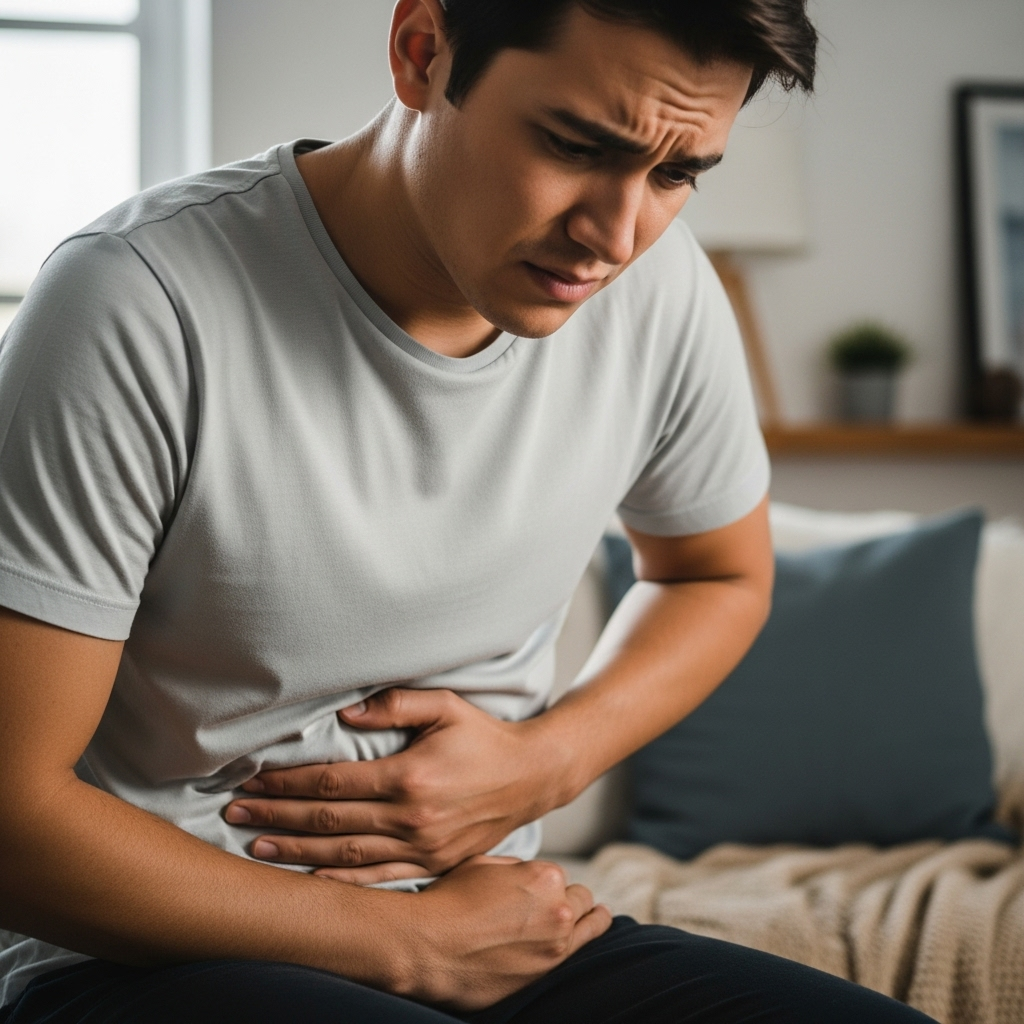 A person experiencing abdominal discomfort, holding their right lower abdomen area with a concerned expression. Natural lighting, realistic medical context, showing pain or discomfort. Clean, relatable lifestyle photography style. No text.