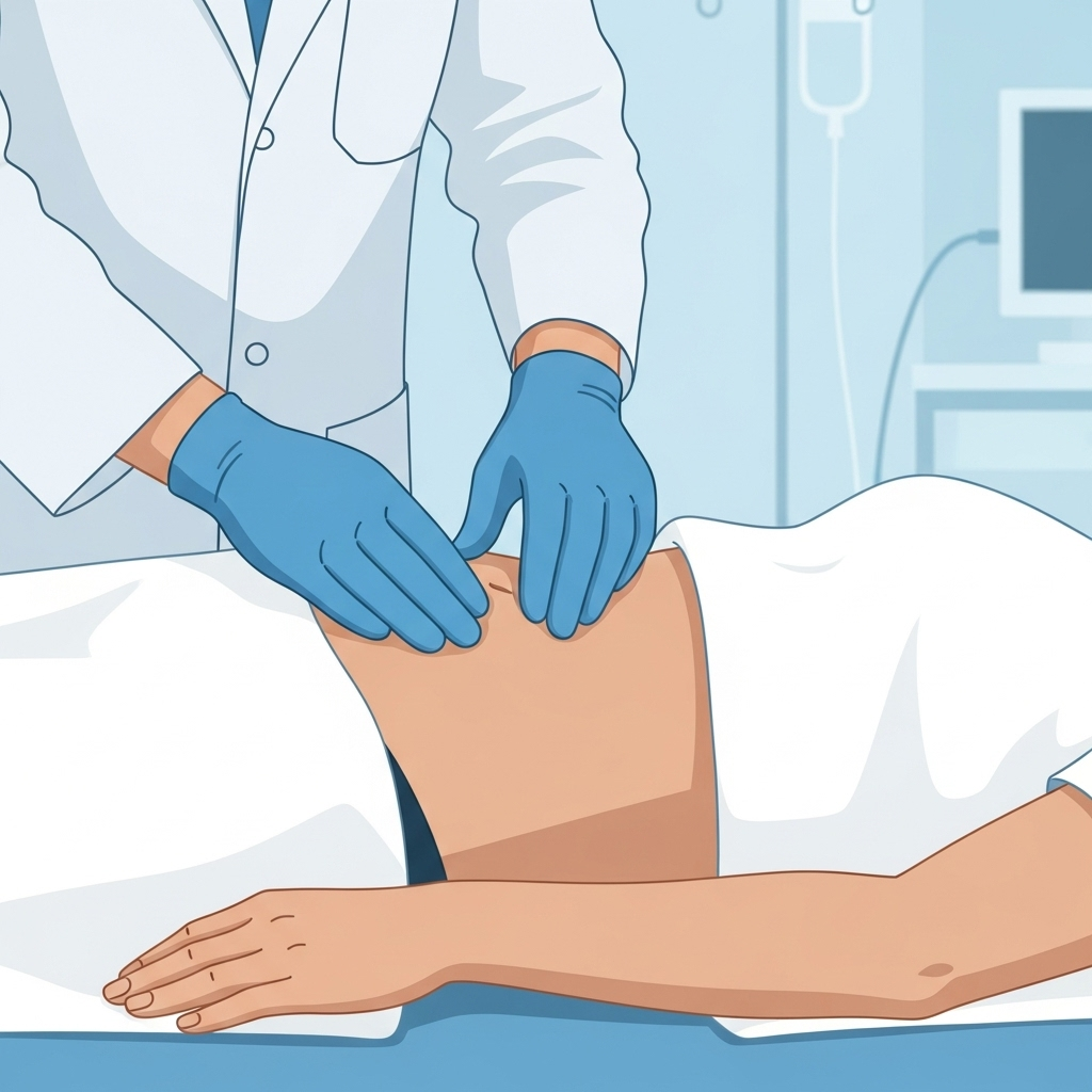 A doctor examining a patient's right lower abdomen area, using palpation technique. Medical examination setting, professional healthcare environment. Clean, clinical infographic style. No text.
