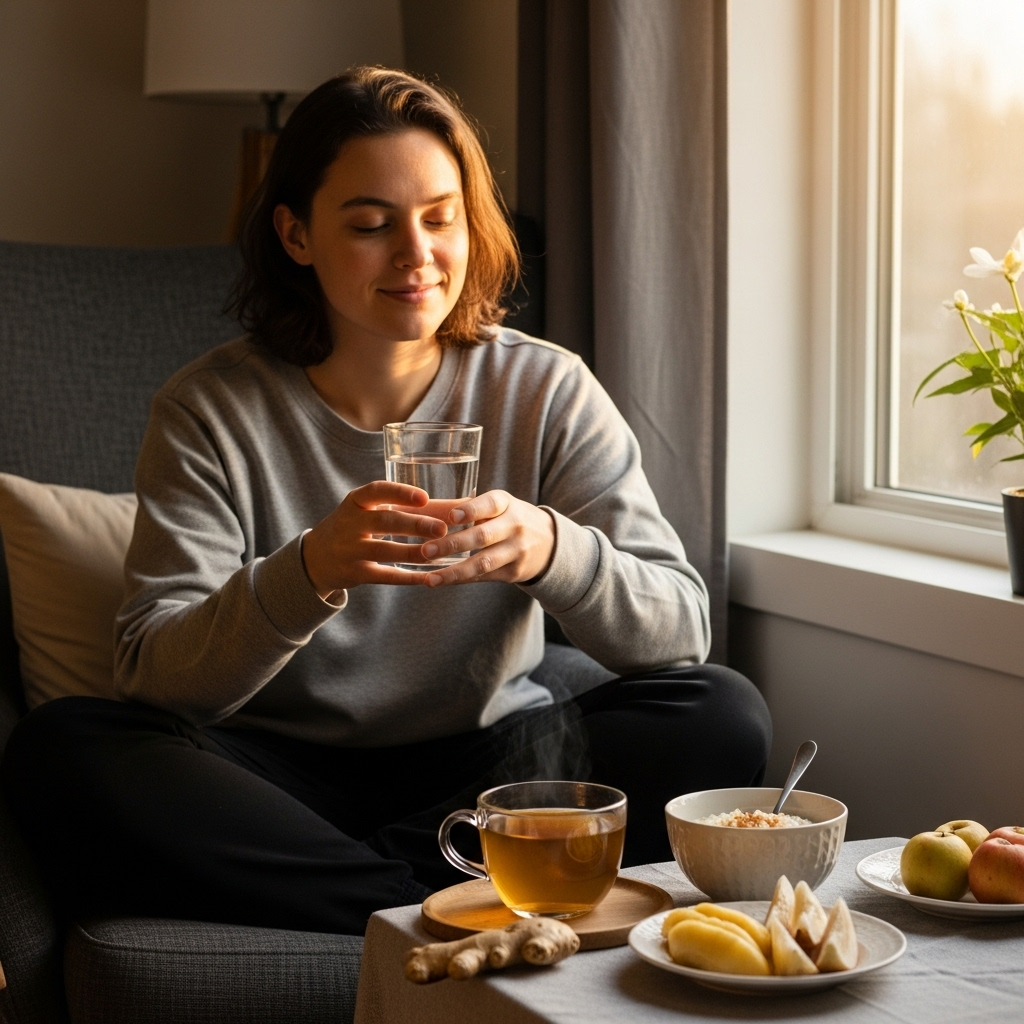 A person sitting comfortably at home, holding a glass of water, with a peaceful expression. Soft warm lighting from a window. Fresh ginger tea and light foods like rice porridge visible on a table nearby. Natural, calm atmosphere. No text.