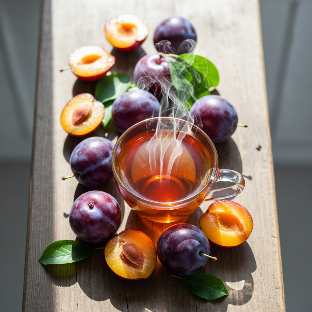 A steaming cup of plum tea with fresh plums scattered around on a wooden surface. Warm amber-colored liquid. Natural sunlight creating soft shadows. Minimalist composition with clean, bright background. No text.