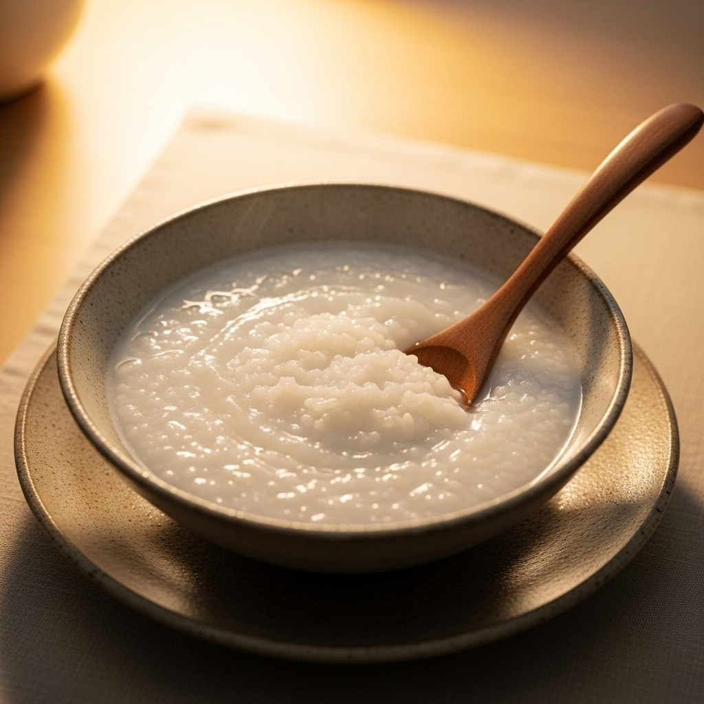 A bowl of white rice porridge served on a simple ceramic dish with a wooden spoon. Soft, creamy texture visible. Warm, inviting lighting. Clean, minimalist table setting. No text.