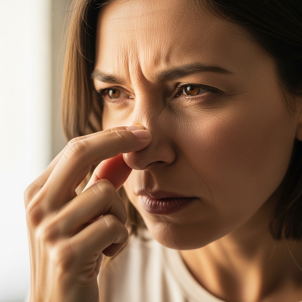 A close-up of an adult with a frustrated expression, touching their nose area, showing discomfort from nasal congestion. Soft indoor lighting, natural skin tones, clean background. Lifestyle photography style, no text.
