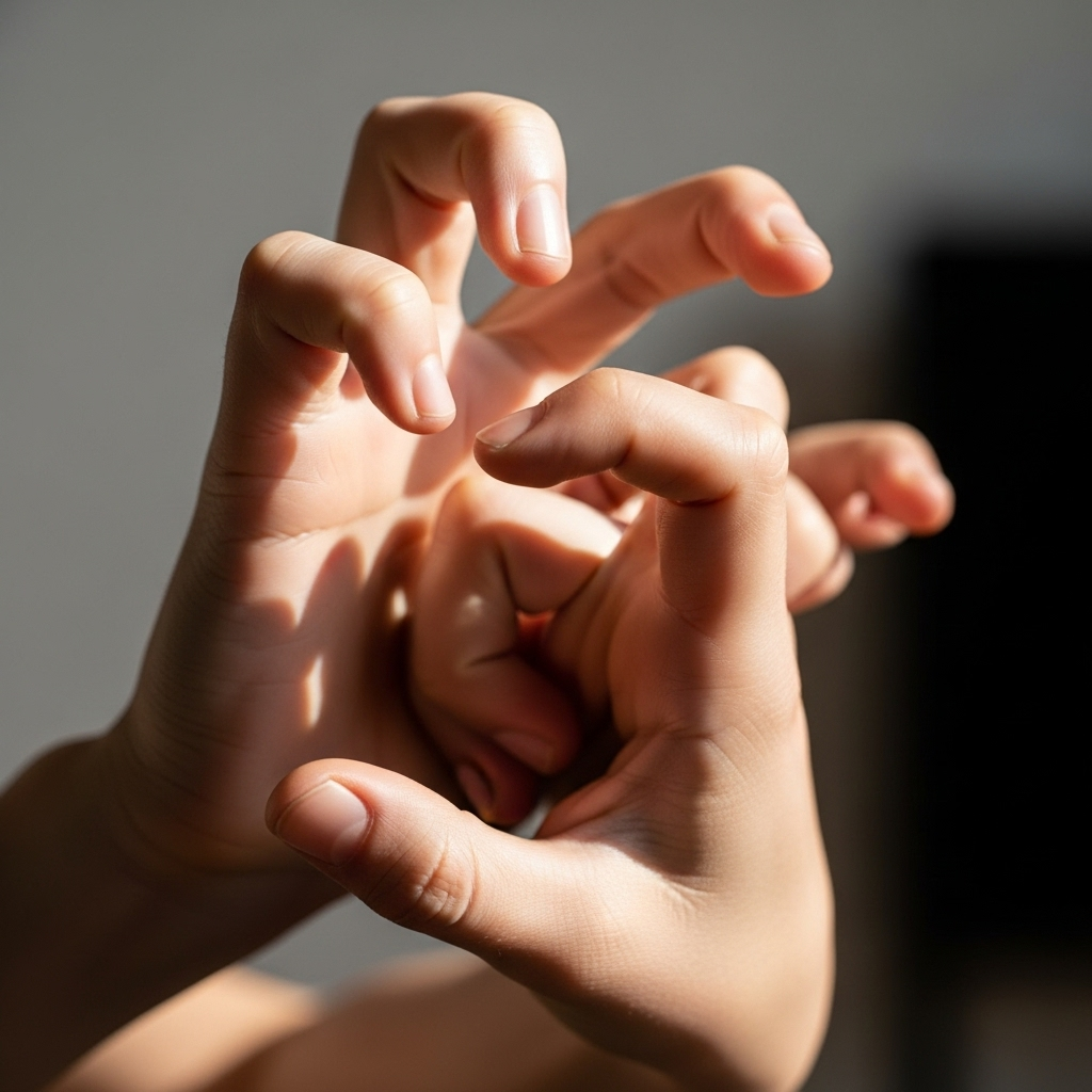 Close-up of flexible hands demonstrating hypermobility, fingers bending backward with natural lighting, showing joint flexibility and range of motion, lifestyle photography style, no text