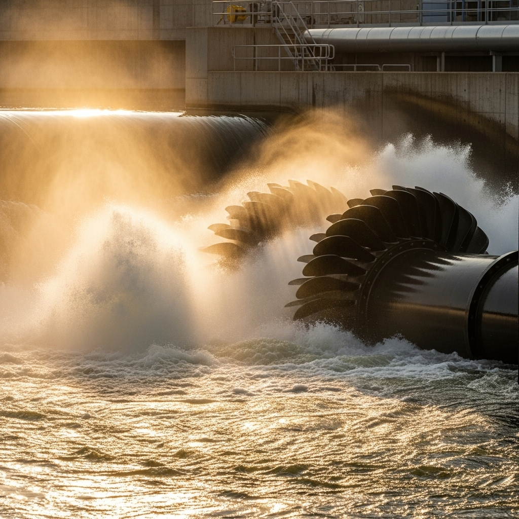 A dramatic scene of water flowing powerfully over a hydroelectric turbine, with mist rising and sunlight reflecting off the water. Show the mechanical interaction between flowing water and rotating turbine blades. Clean, realistic photography style with natural lighting and no text.