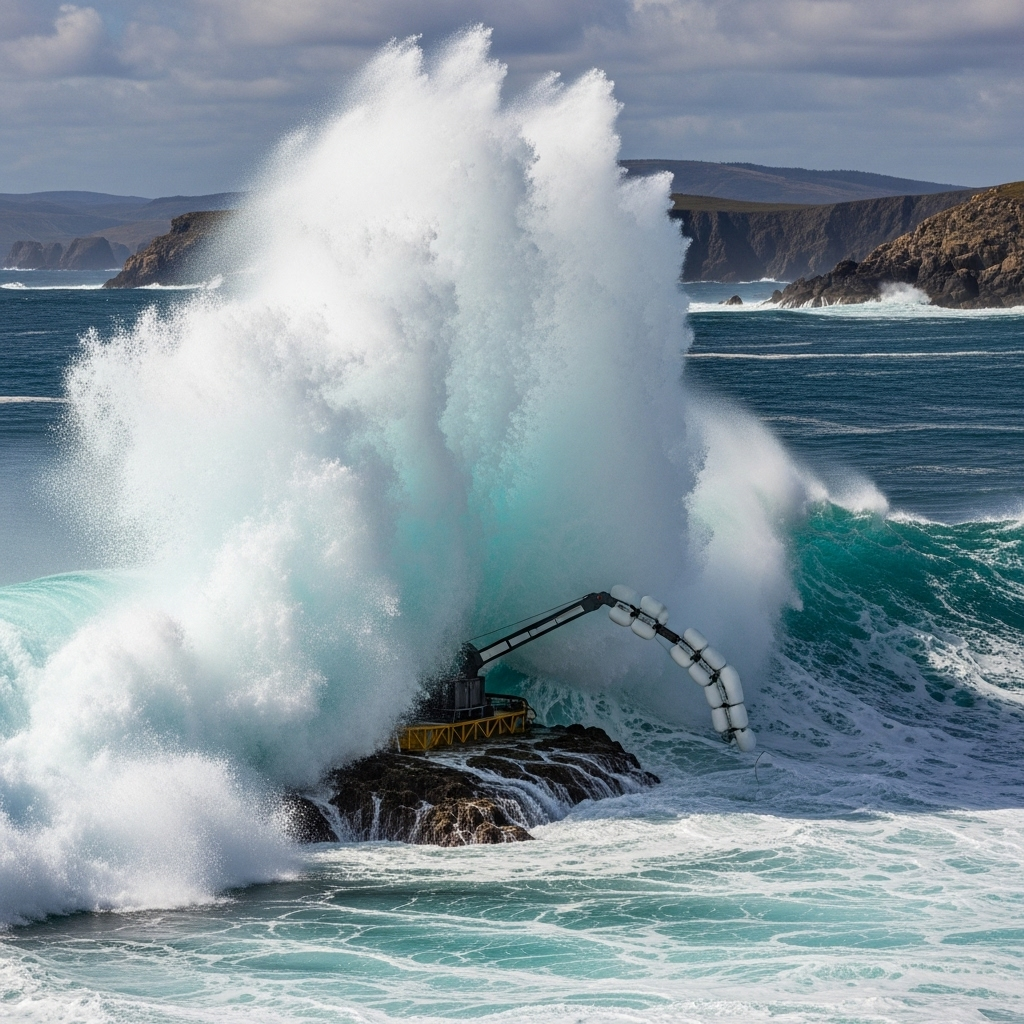 A powerful ocean wave crashing against a wave energy converter device installed on the seabed, showing the dynamic motion of water and mechanical energy capture. Include coastal landscape, turbulent water, and clear visualization of energy conversion. Realistic photography style with natural lighting and no text.