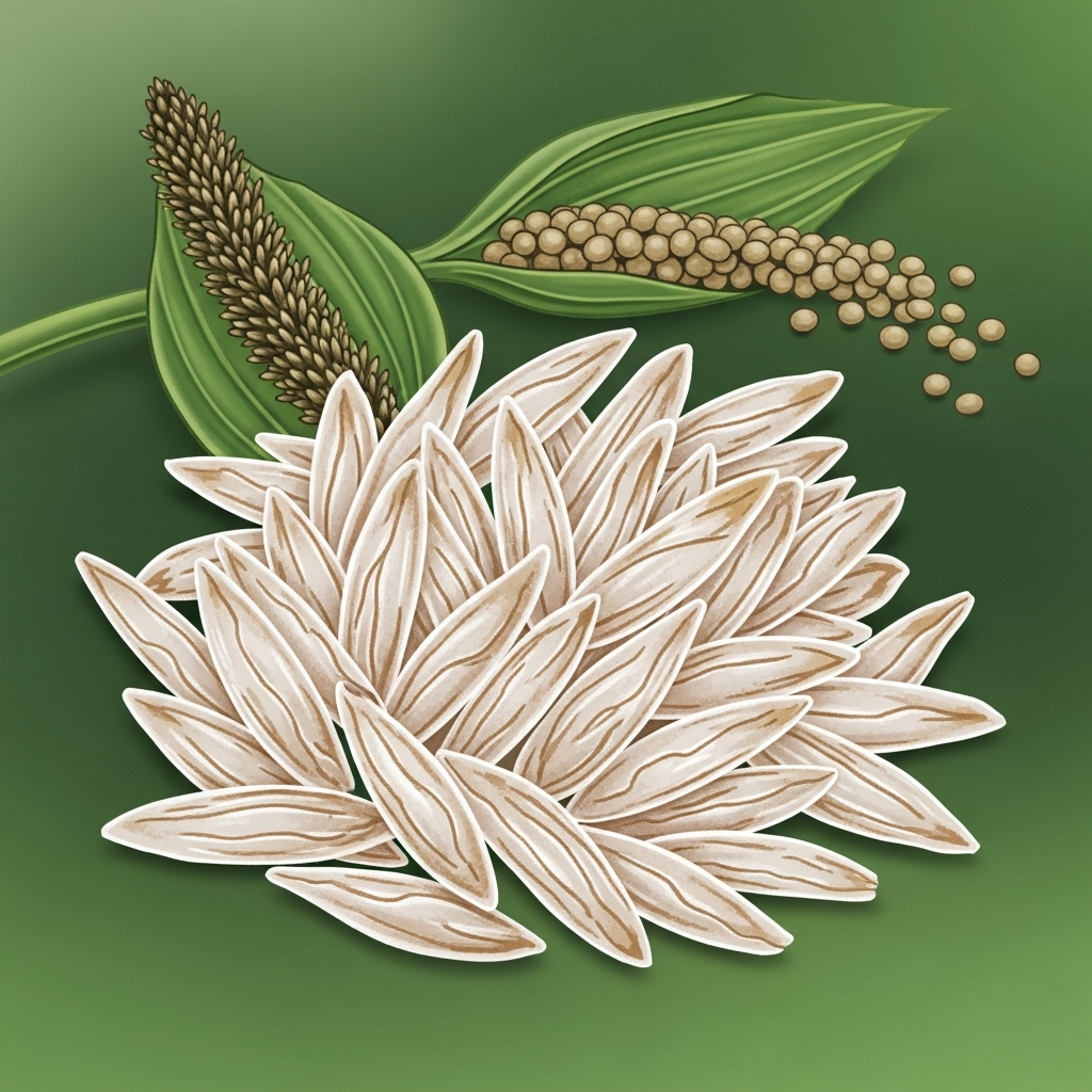A close-up, clean infographic-style illustration of psyllium husks. Show the texture and light color of the husk. Emphasize its natural origin from the plantain seed. No text.