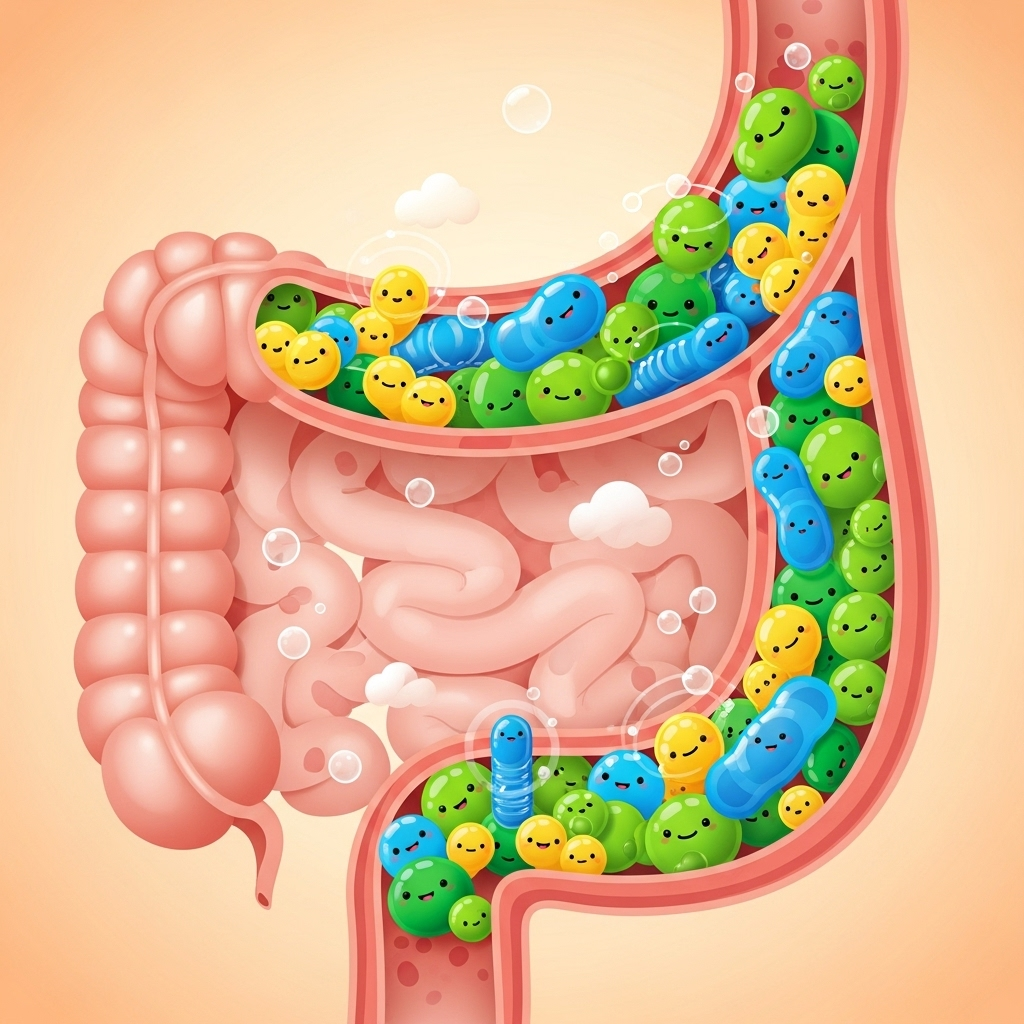 A vibrant and clean infographic-style illustration showing a healthy gut microbiome with beneficial bacteria. Emphasize comfort and well-being in the digestive system. Use bright, friendly colors. No text.
