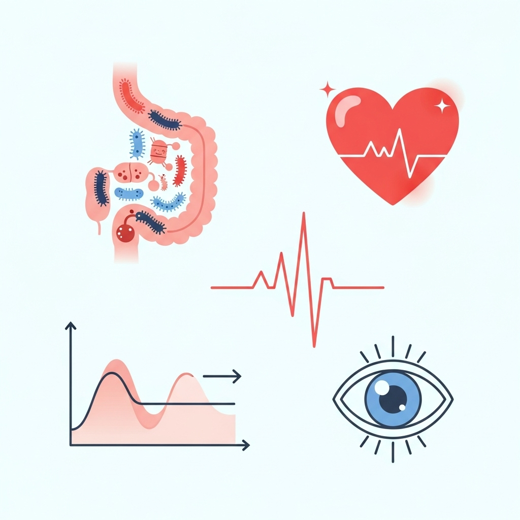 A clean and modern infographic-style illustration showing various health benefits of psyllium husk: a healthy gut, a heart symbol, a blood sugar level graph, and an eye symbol. Each symbol is distinct and easily understandable. Use a light background. No text.
