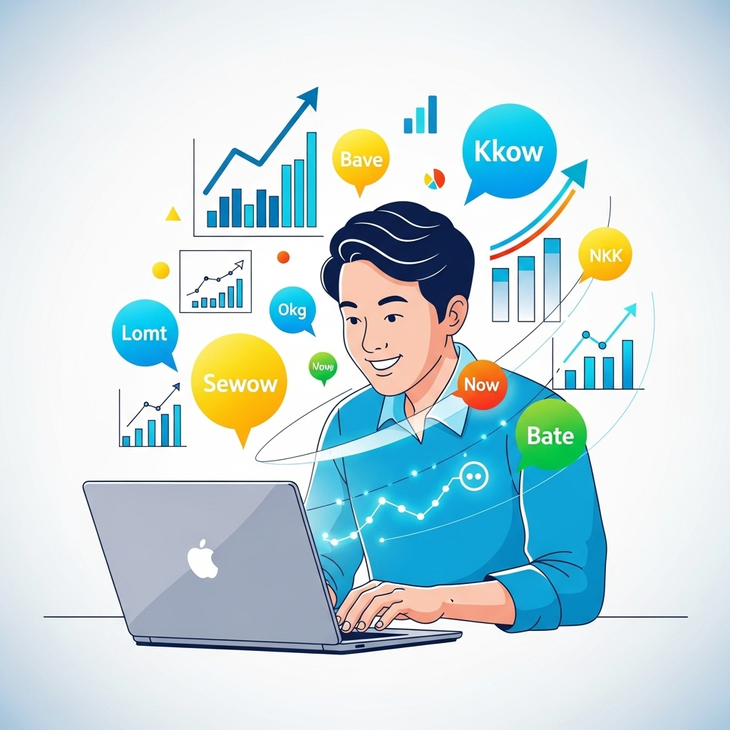 A Korean person happily typing on a laptop, surrounded by glowing keyword bubbles and charts. The atmosphere is bright and energetic, symbolizing successful blog growth. Style: clean infographic. No text.