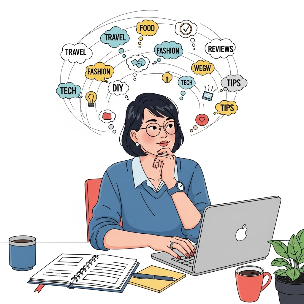 A creative Korean person sitting at a desk, surrounded by thought bubbles containing various keywords and ideas. They are actively brainstorming for blog content. Style: modern illustration. No text.