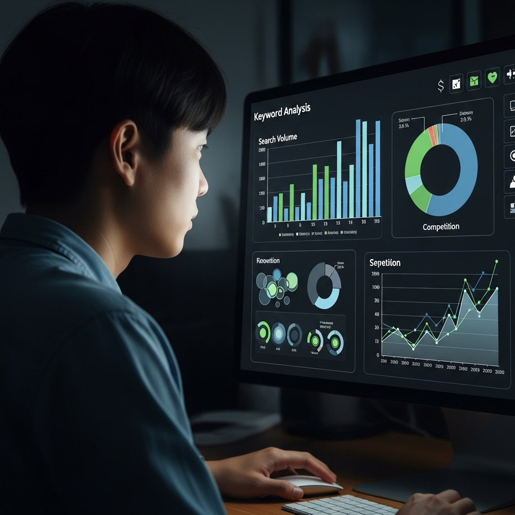 A Korean person looking at a computer screen displaying various charts and graphs for keyword analysis, with a focus on search volume and competition. Style: clean infographic with data visualization. No text.