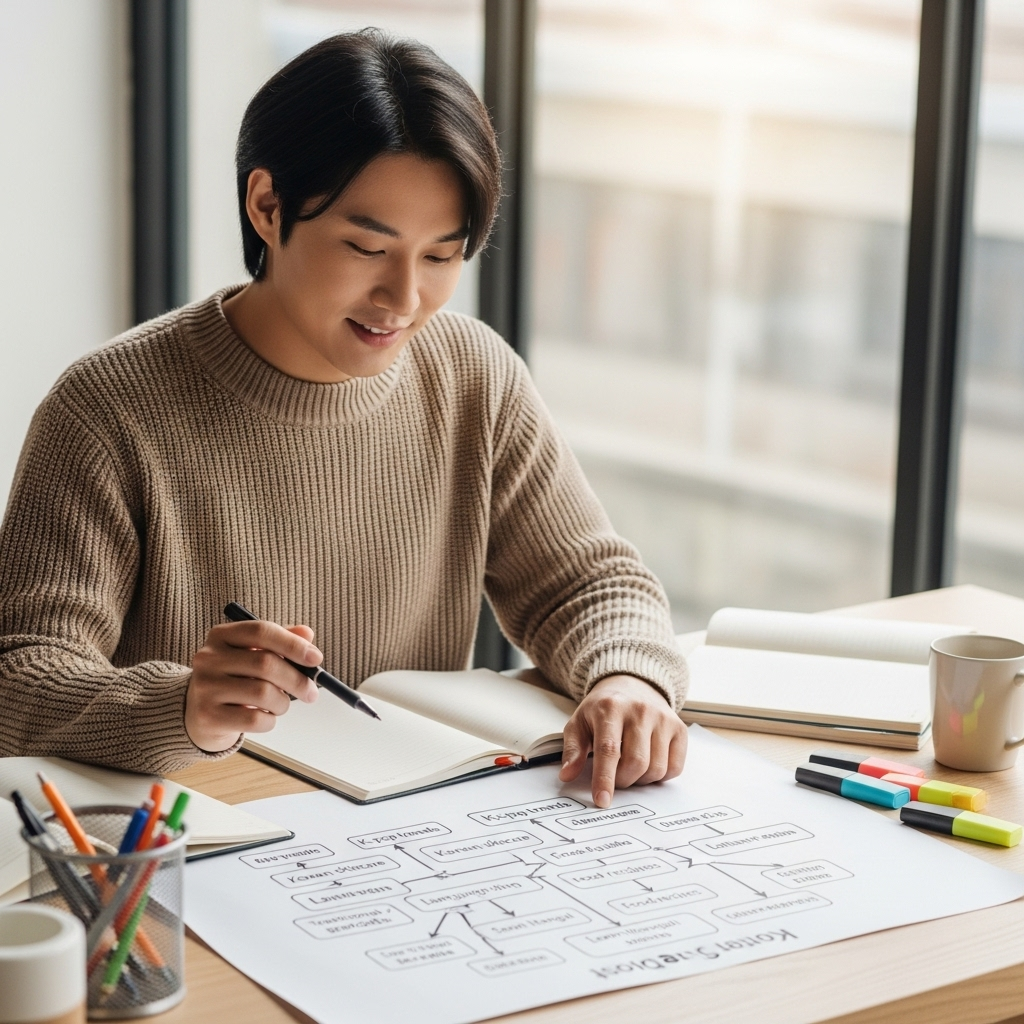 A Korean person creating a content calendar or mind map, connecting various keywords and blog topics. The scene conveys organization and strategic planning for blog growth. Style: lifestyle photography. No text.