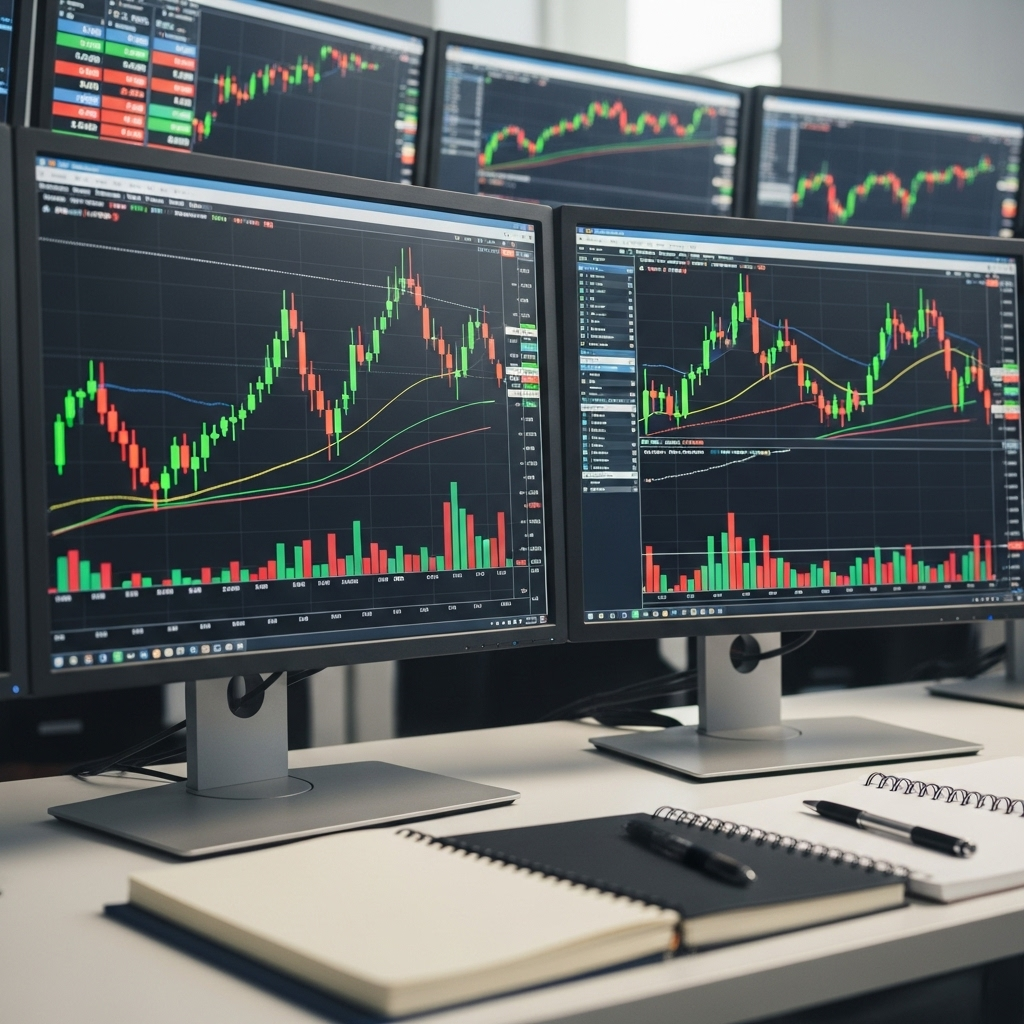 Close-up of stock market charts with candlestick patterns, financial data displayed on multiple monitors, professional trading desk with notebooks and pen. Green and red candlesticks showing market trends. Bright office lighting, no text visible.