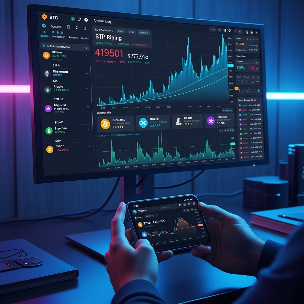 Digital cryptocurrency exchange interface with Bitcoin, Ethereum, and other altcoins displayed on screen. Hands holding a smartphone showing crypto wallet and price charts. Modern tech environment with blue and purple lighting. No text on screen.