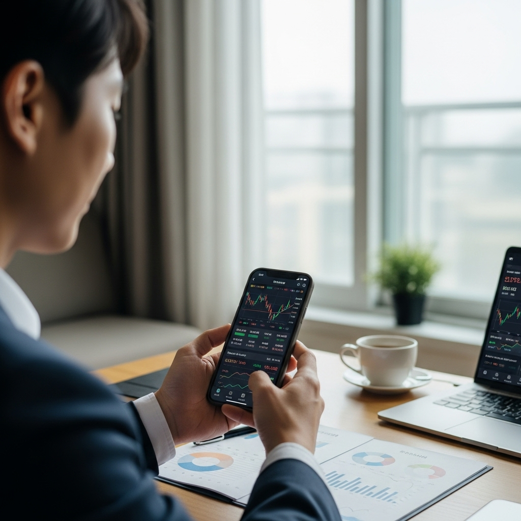 A Korean person using a smartphone with stock trading app interface, showing various stocks and portfolio performance. Modern apartment interior with natural window light, desk setup with financial documents. Professional yet casual atmosphere. No text.